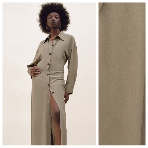 NWT Zara Limited Edition Khaki 100% Viscose Longline Collared Shirt Dress Size S - Picture 2 of 15